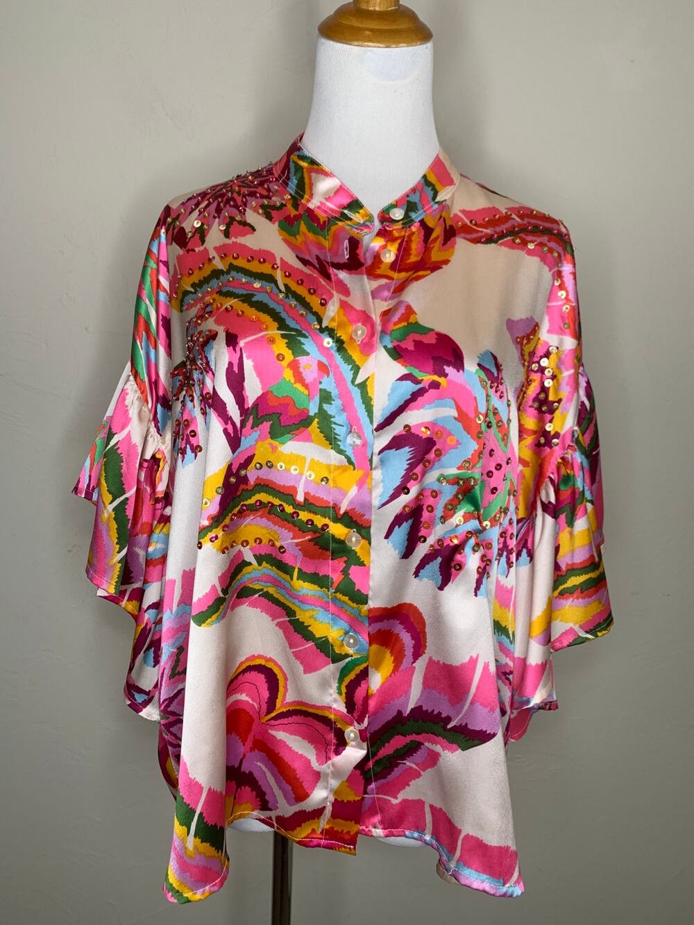 Boho Bright Satin Pink Tropical Print Blouse Sequins Size TU Medium Large